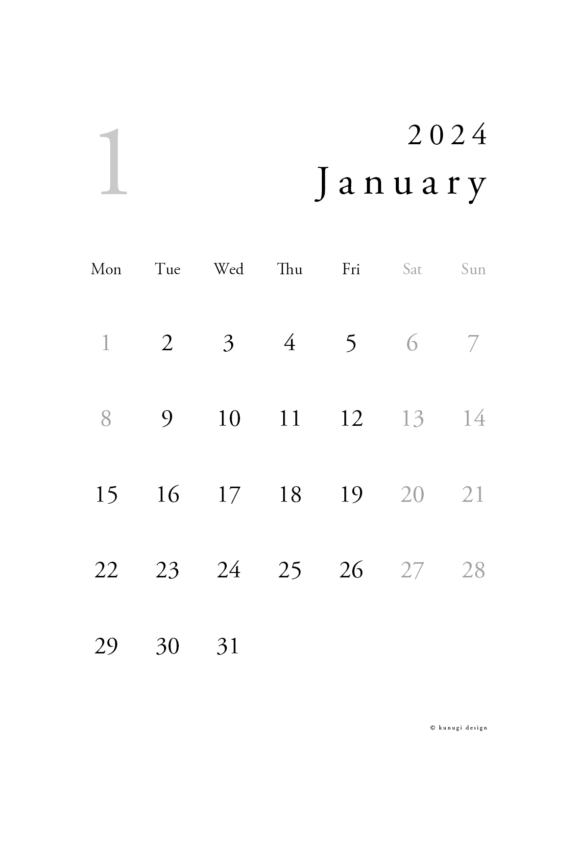2024年1月カレンダー